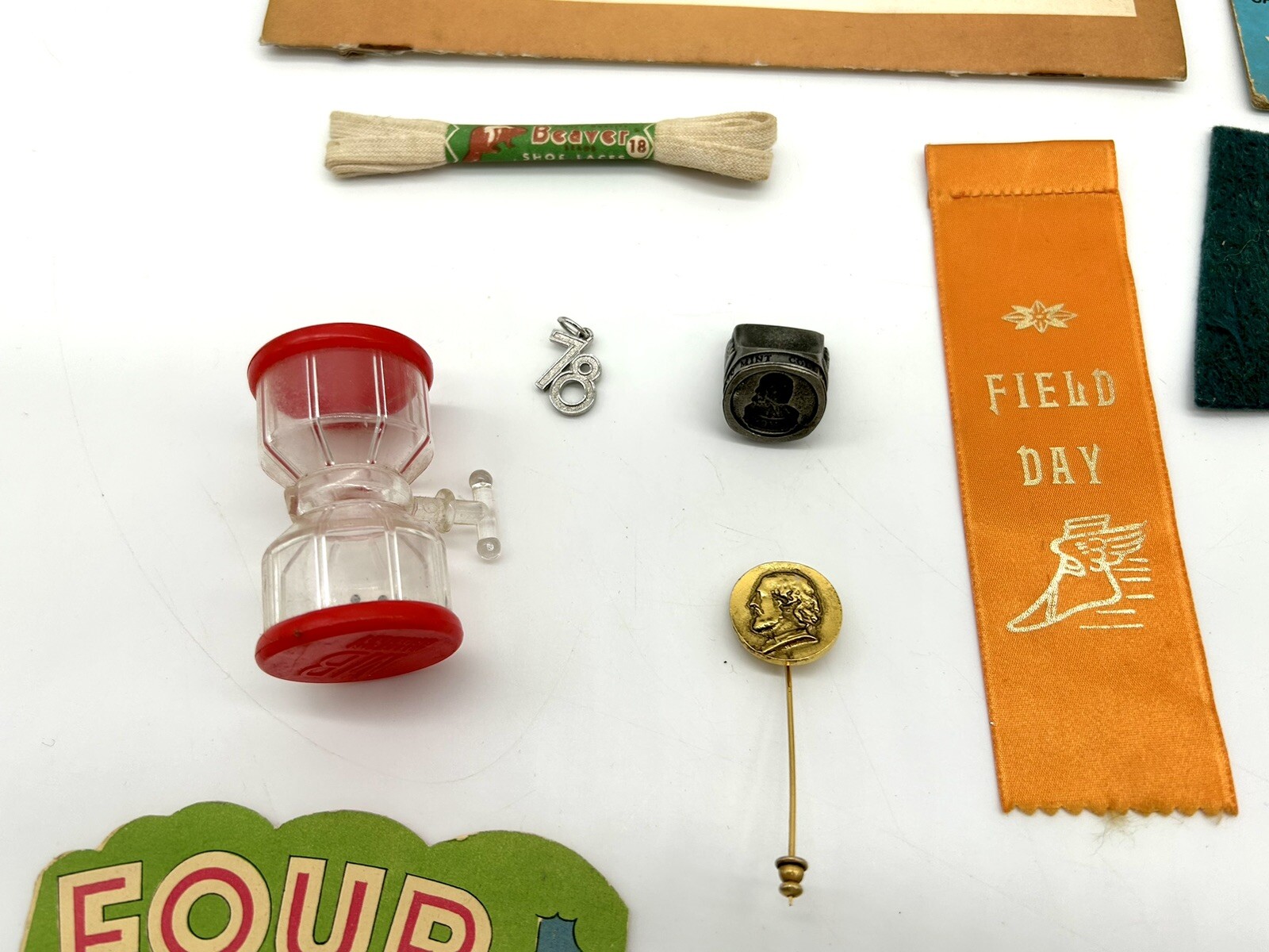 Junk Drawer Of Vintage Items Cards Ribbons Pennant Ring Hat Pin Charm
