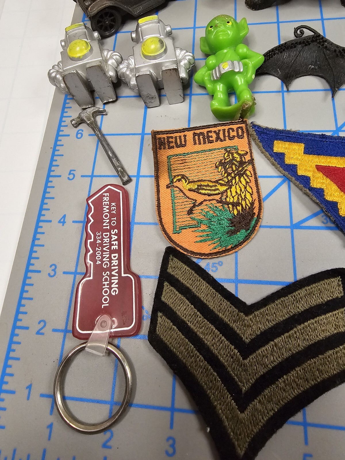 Vintage Junk Drawer Lot Knives Toys Patches Pins Keychain Ruler Figurine More