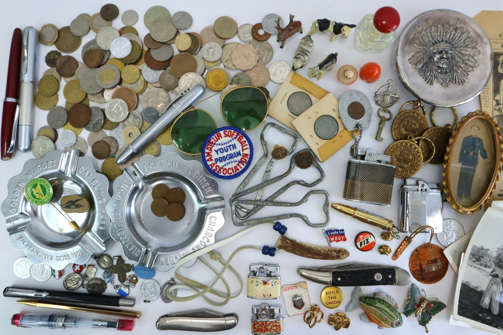 Vintage Junk Drawer Lot Estate Smalls Coins Lighters Knives Pens Ephemera Mixed