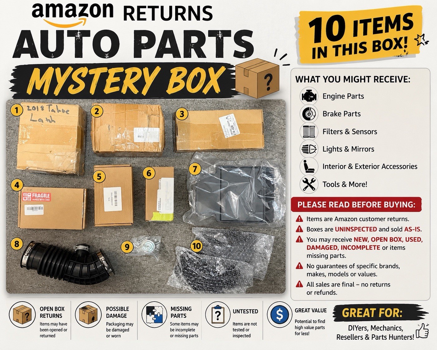 Amazon Returns Auto Parts Mystery Box Mixed Car Accessories Uninspected 10 Pcs