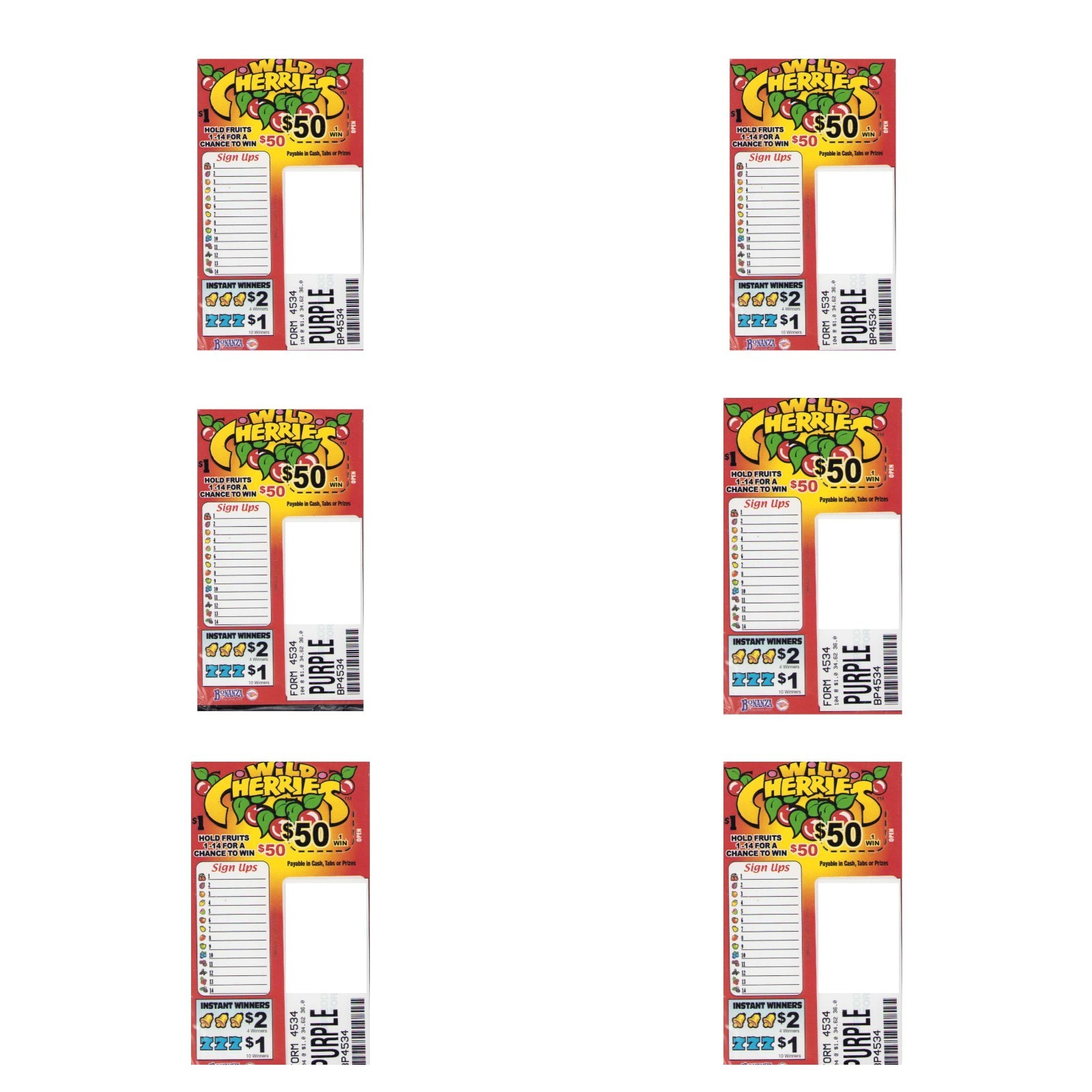 Pull Tab Ticket – Hard Card Tickets – Game – 6 Pack – Wild Cherries – 104 ct ea