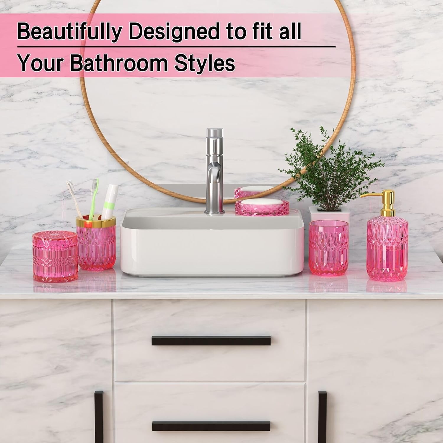 Hot-Pink Glass Bathroom Accessories Set 5 Pcs, Hot-Pink Bathroom Set, Soap …..