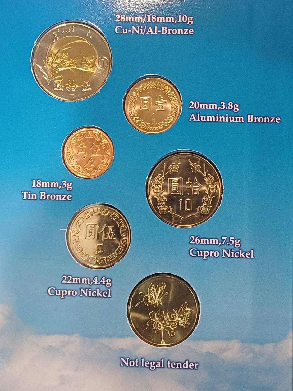 Taiwan “Flowers and Butterflies” coin set, Year 86 (1997), 5 + 1 pieces, VOL 1-3