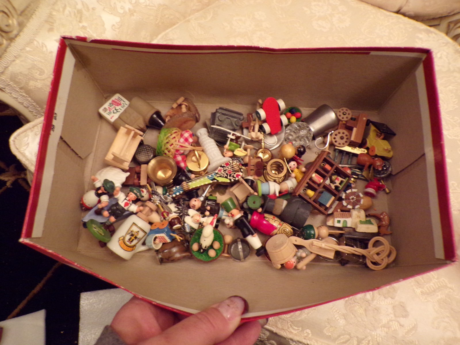 VTG Large Box of Miniatures Wooden Ornaments, Glass Figurine and Metal