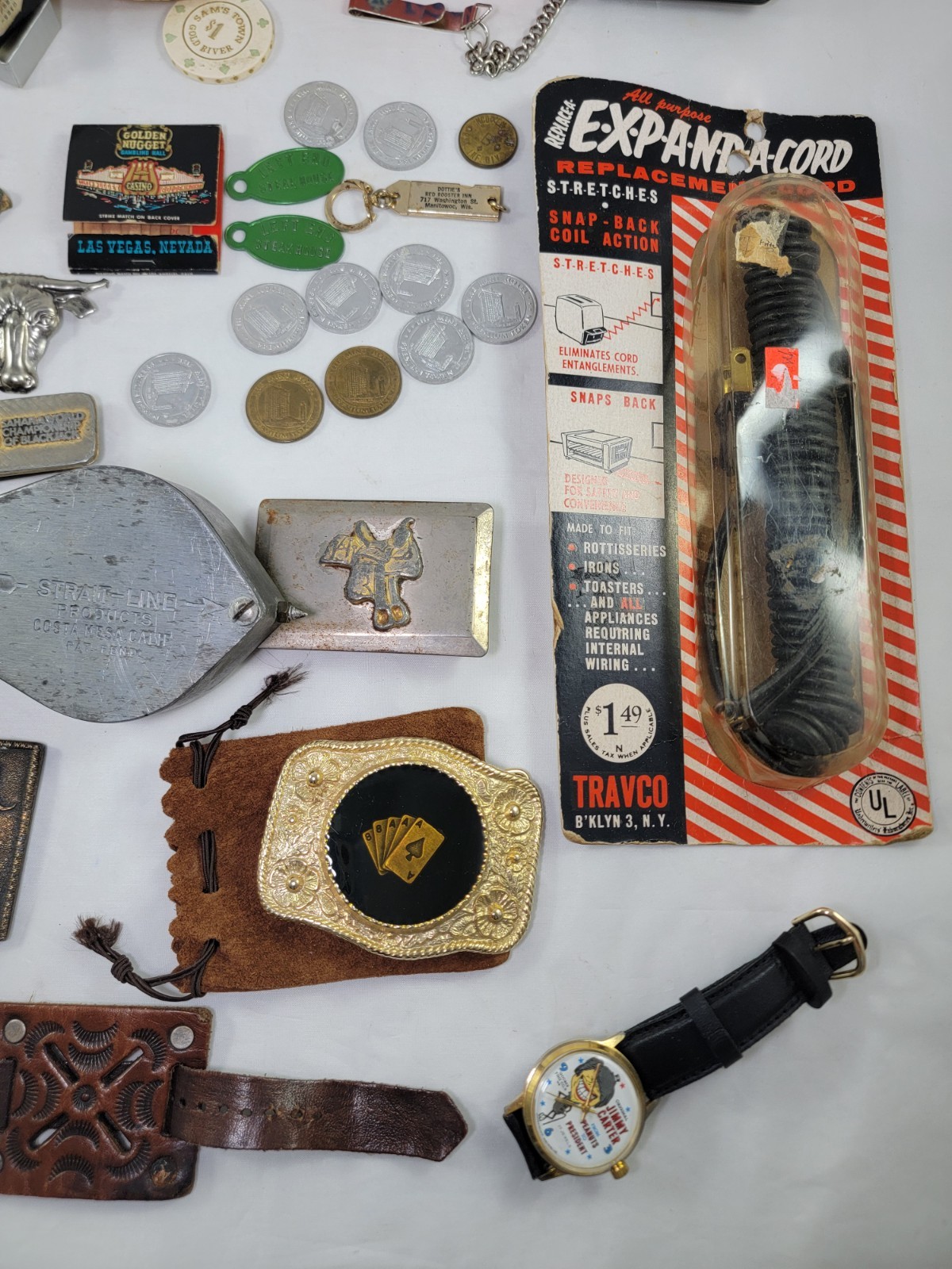 Men’s Estate Junk Drawer Lot Vintage Casino Coin Collectibles Watch Buckles Pins